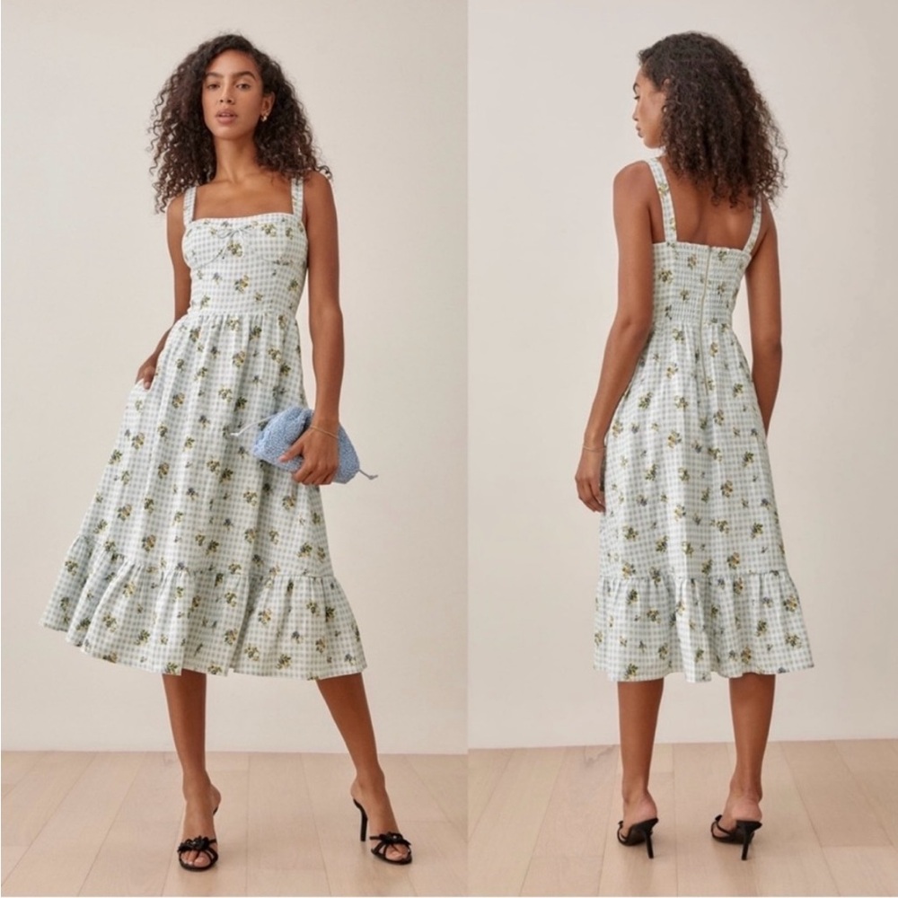 Reformation 100% Linen Maegan Midi Dress Al Fresco Floral Gingham Size 8